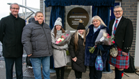 Port Glasgow Train Station new bridge official opening. Cllr Paul Cassidy, Andrew, Angela and Jacqueline Hurrell, Sylvia MacLeod and MSP Stuart McMillan at the Port Glasgow AfA opening event.